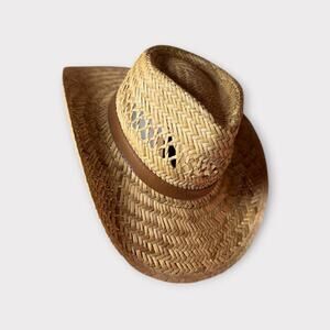 Woven Straw Cowboy Hat – Ventilated Crown & Brown Hatband – Rustic Handmade